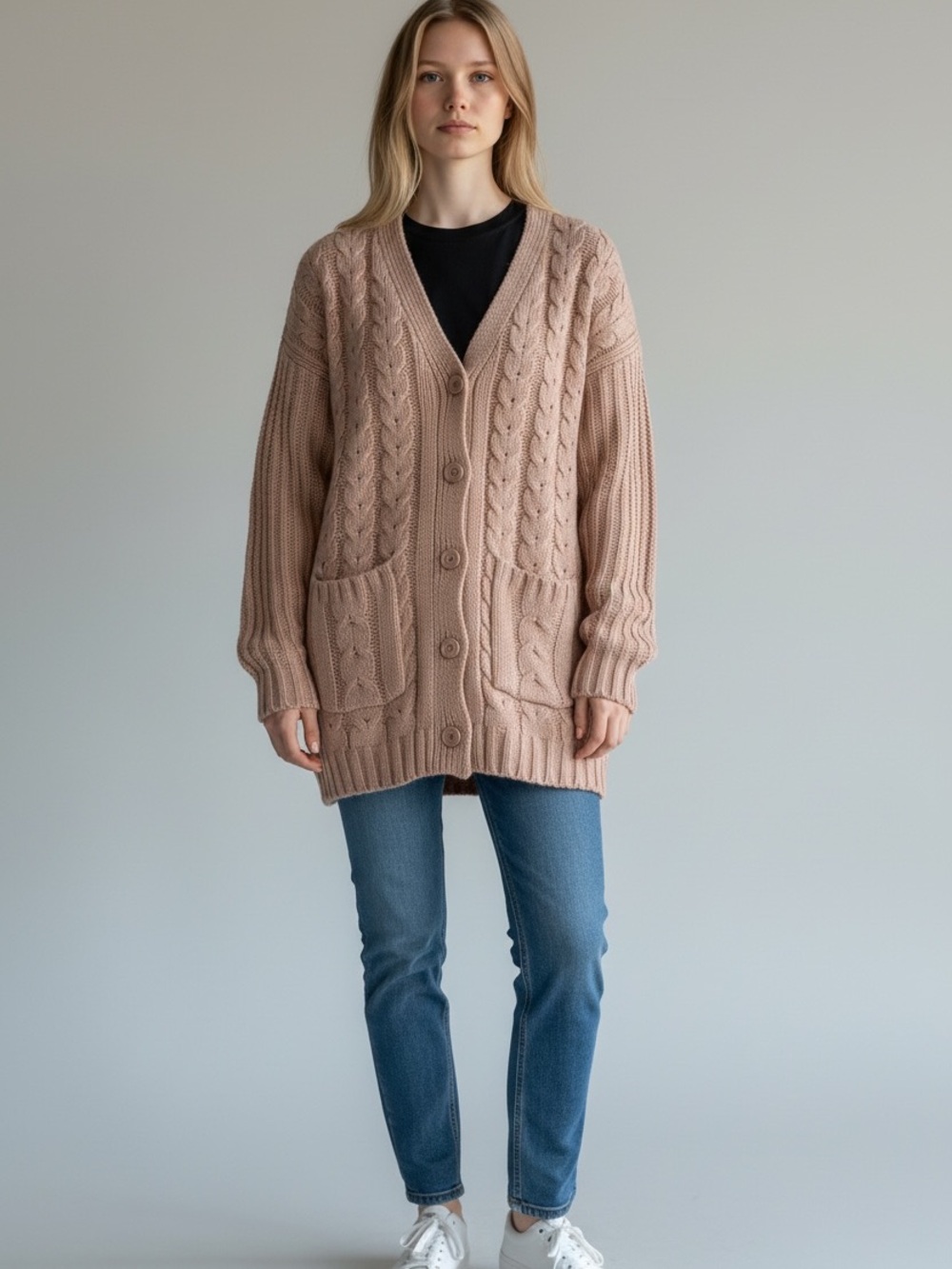 JustFab Cable Knit Button-Front Cardigan in Dusty Rose